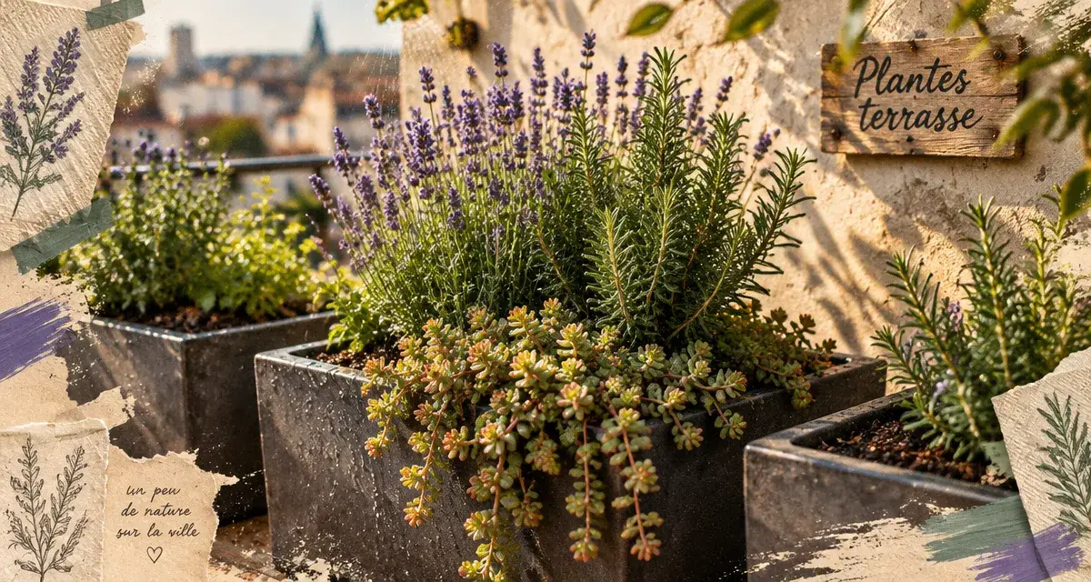 Plantes extérieur terrasse en bacs : lavande et romarin en plein soleil