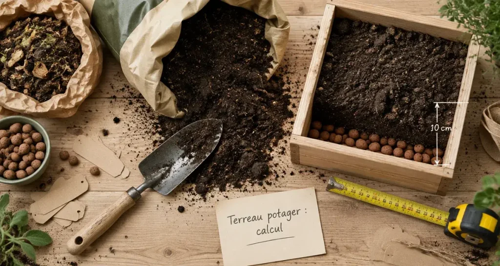 Terreau potager : 100 L/m² pour 10 cm, et les erreurs qui épuisent un bac en deux saisons